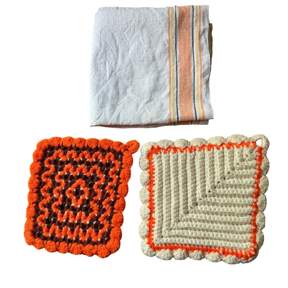 Cottage Core Kitchen Pot Holder Tea Towel Set Orange Brown Fall Thanksgiving